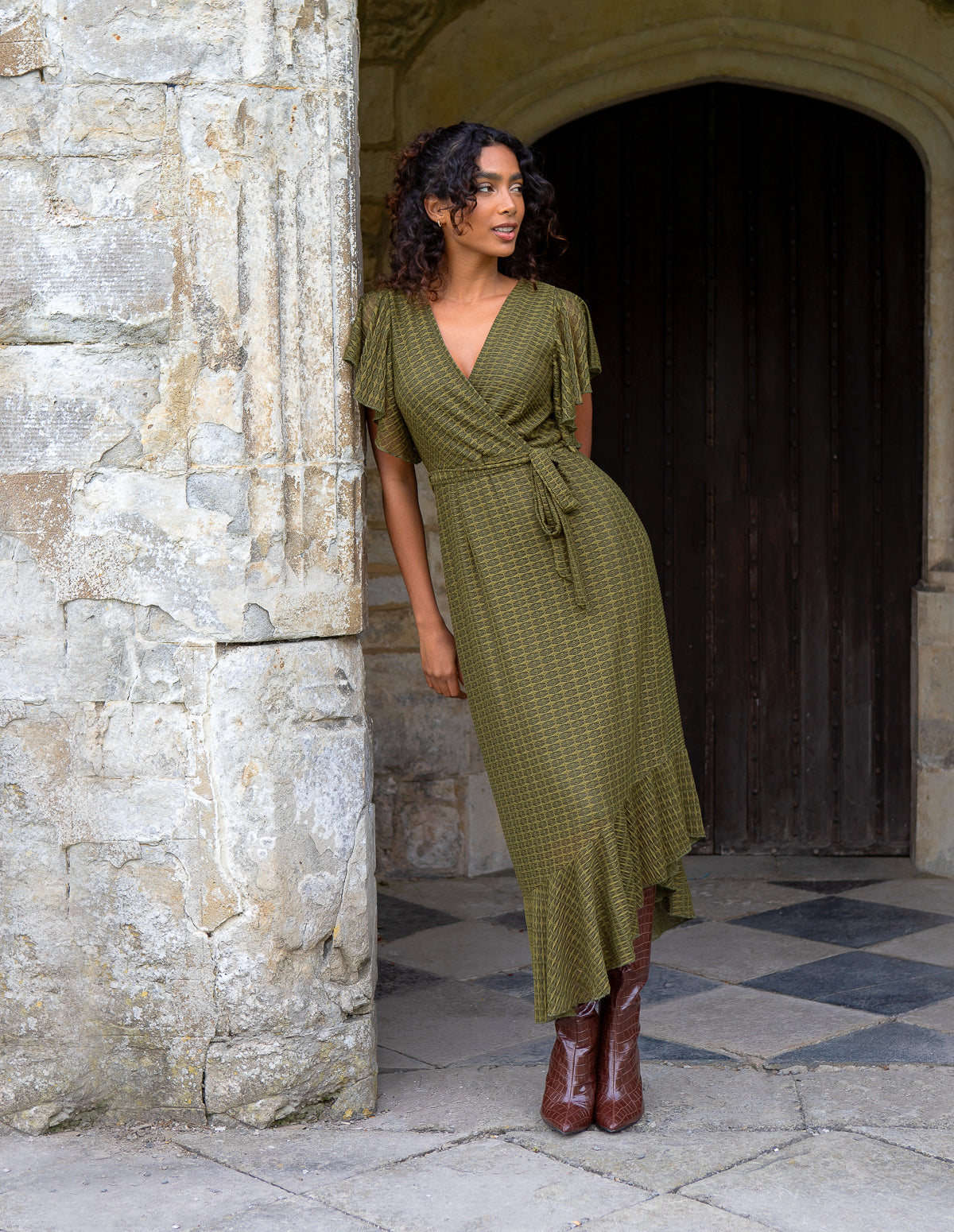 Lace Wrap Asymmetric Midi Dress