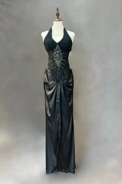Glamour Prom Dresses Mermaid Halter Black Tie With Silver Beading Formal Evening Outfits N3840