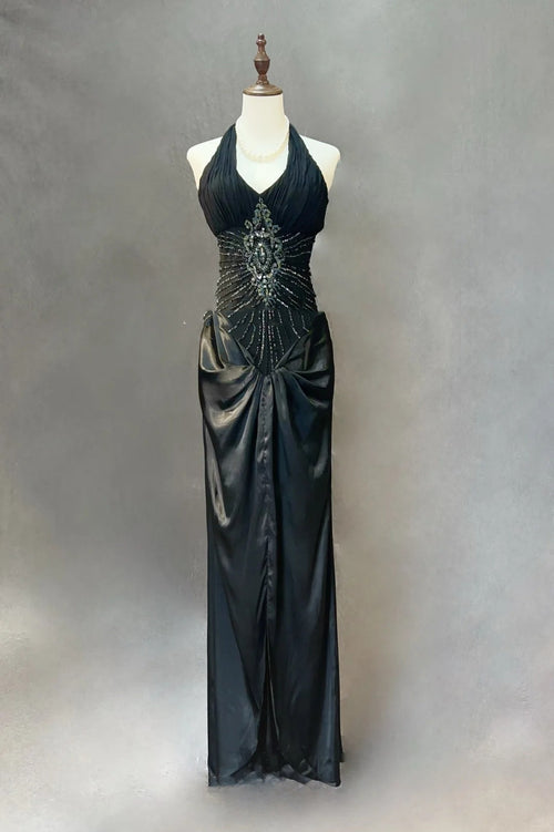 Glamour Prom Dresses Mermaid Halter Black Tie With Silver Beading Formal Evening Outfits N3840