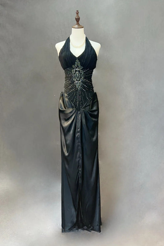 Glamour Prom Dresses Mermaid Halter Black Tie With Silver Beading Formal Evening Outfits N3840