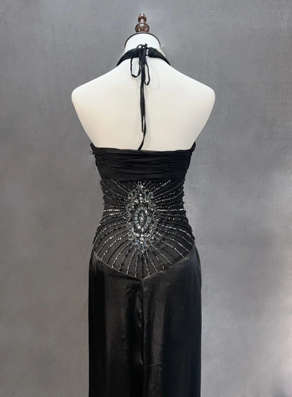 Glamour Prom Dresses Mermaid Halter Black Tie With Silver Beading Formal Evening Outfits N3840