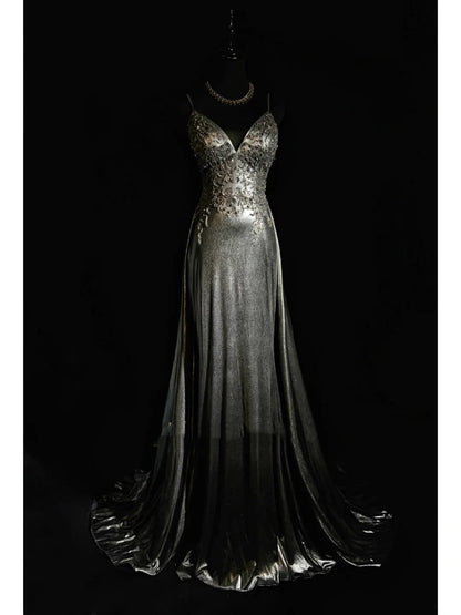 Modest Prom Dresses Mermaid Spaghetti Strap Dark Grey Sleeveless Long Formal Evening Outfits N3628