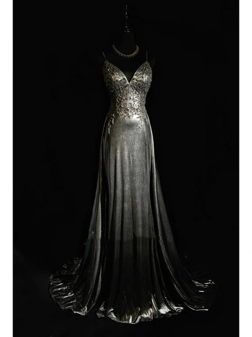 Modest Prom Dresses Mermaid Spaghetti Strap Dark Grey Sleeveless Long Formal Evening Outfits N3628