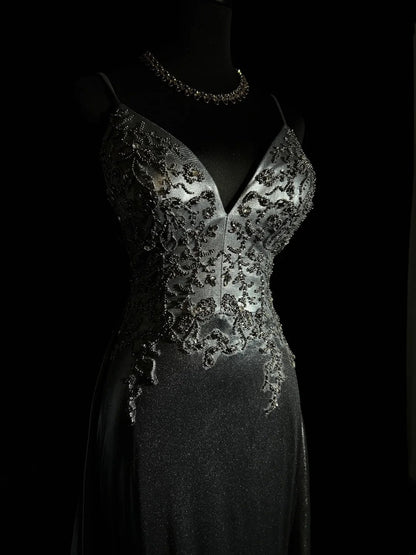 Modest Prom Dresses Mermaid Spaghetti Strap Dark Grey Sleeveless Long Formal Evening Outfits N3628