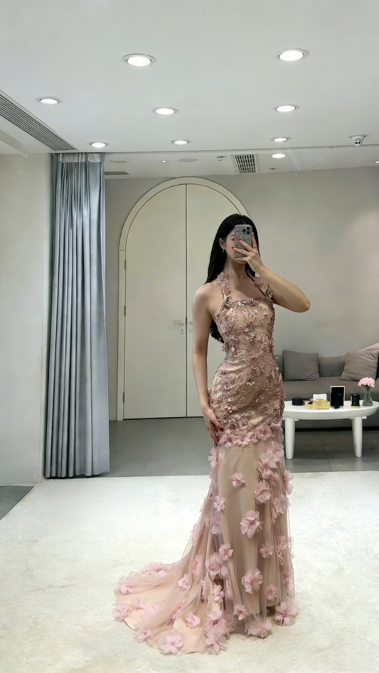 Modest Mermaid Halter Pink Lace Sleeveless Long Prom Dresses High School Teens Senior Graduation Dance Party Outfits N004
