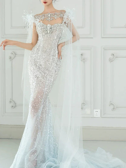 Luxurious Mermaid Scoop Evening Dress Sequins Prom Dress With Cape Long Party Dresses 19th Birthday Outfits AB2326