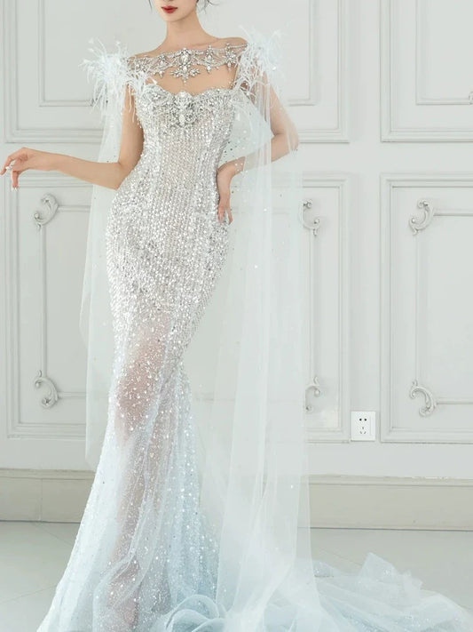Luxurious Mermaid Scoop Evening Dress Sequins Prom Dress With Cape Long Party Dresses 19th Birthday Outfits AB2326