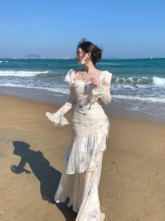 Elegant Mermaid Square Neck Floral Chiffon Blue Long Sleeves Prom Dresses 16th Nigh Party Birthday Outfits AB2466