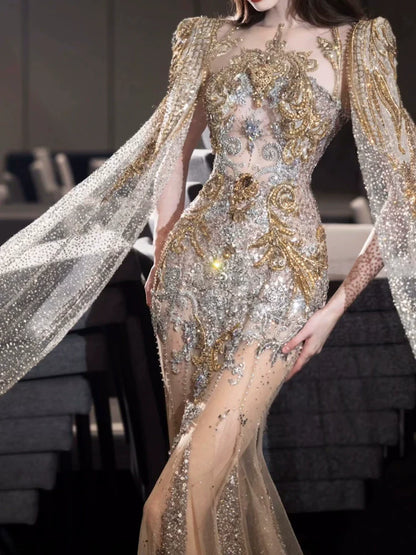 Modest Mermaid Strapless Gold Long Sleeves Slit Sequins Prom Dresses Inspiration Long Party Evening Dress 21st Birthday Outfits AB2287