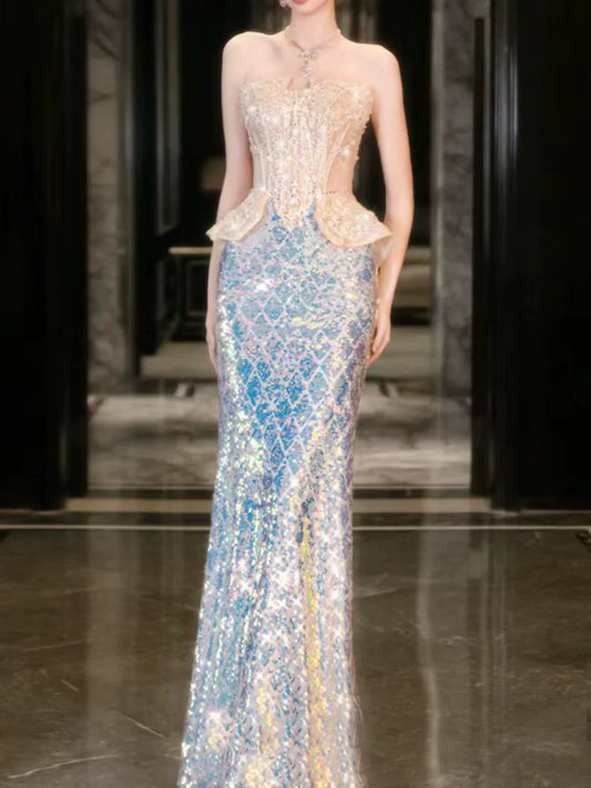 Modest Mermaid Strapless Sequins Champagne Prom Dresses Inspiration Long Party Evening Dress 21st Birthday Outfits AB2291