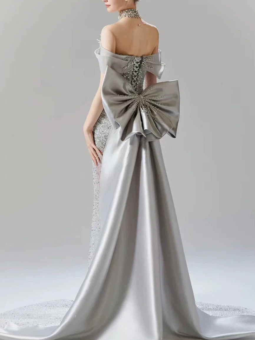 Vintage Silver Gray Mermaid Evening Dress Off The Shoulder Beaded Prom Dress Long Party Dress Birthday Outfits AB2314