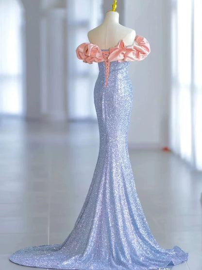 Elegant Mermaid Off The Shoulder Blue Sequins Prom Dresses Inspiration Long Party Evening Dress 19th Birthday Outfits AB2299