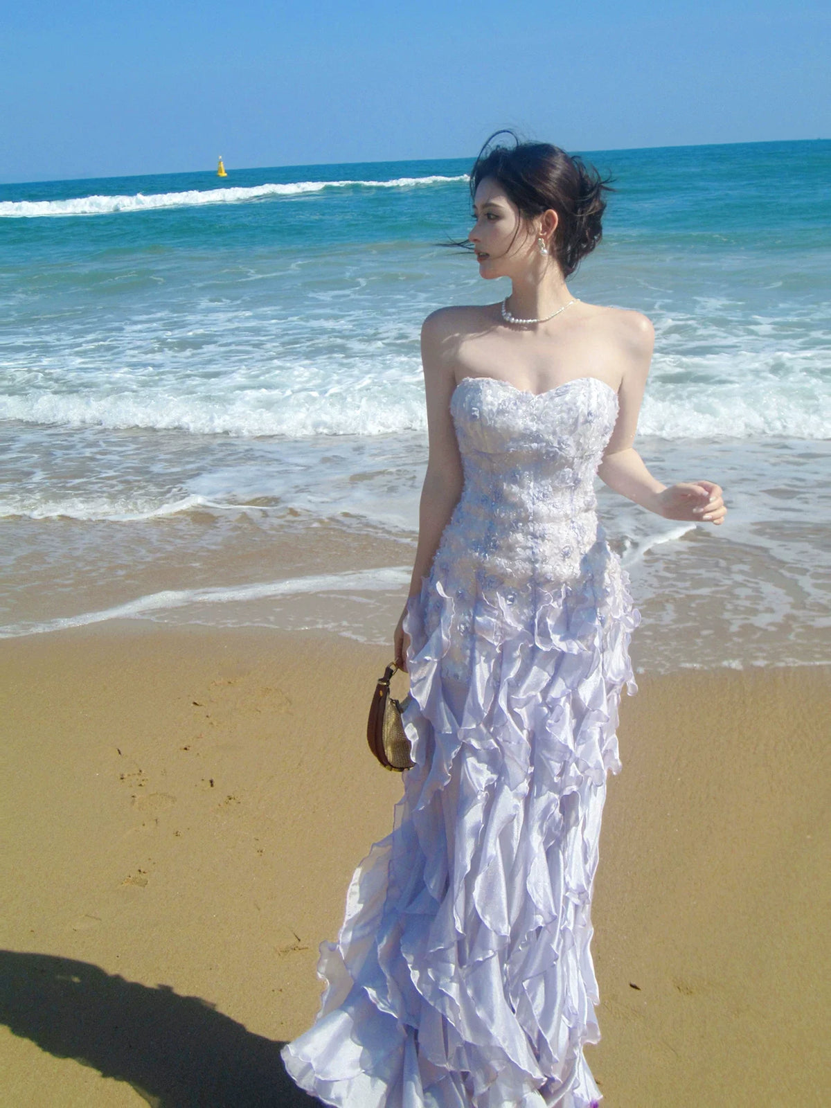Elegant Sheath Lilac Strapless Tiered Layered Chiffon Sleeveless Long Prom Dresses 18th Birthday Outfits AB2410