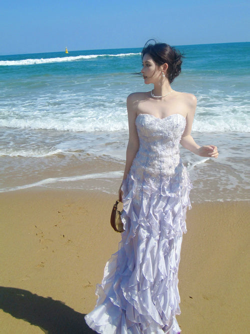 Elegant Sheath Lilac Strapless Tiered Layered Chiffon Sleeveless Long Prom Dresses 18th Birthday Outfits AB2410