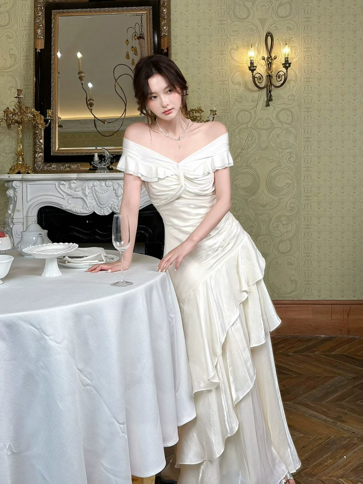 Elegant Mermaid Off The Shoulder White Long Prom Dresses 16th Nigh Party Birthday Outfits AB2504
