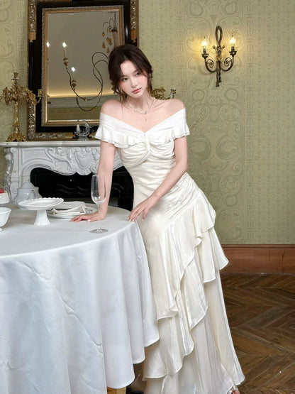 Elegant Mermaid Off The Shoulder White Long Prom Dresses 16th Nigh Party Birthday Outfits AB2504