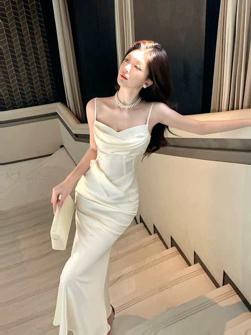 Modest Mermaid Spaghetti Straps Satin Ivory Prom Dresses Wedding Guest Gown 18th Nigh Party Birthday Outfits AB2425