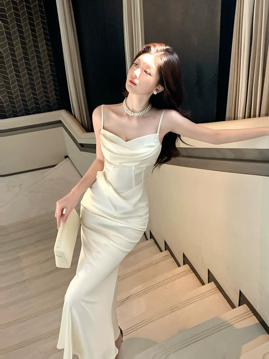 Modest Mermaid Spaghetti Straps Satin Ivory Prom Dresses Wedding Guest Gown 18th Nigh Party Birthday Outfits AB2425