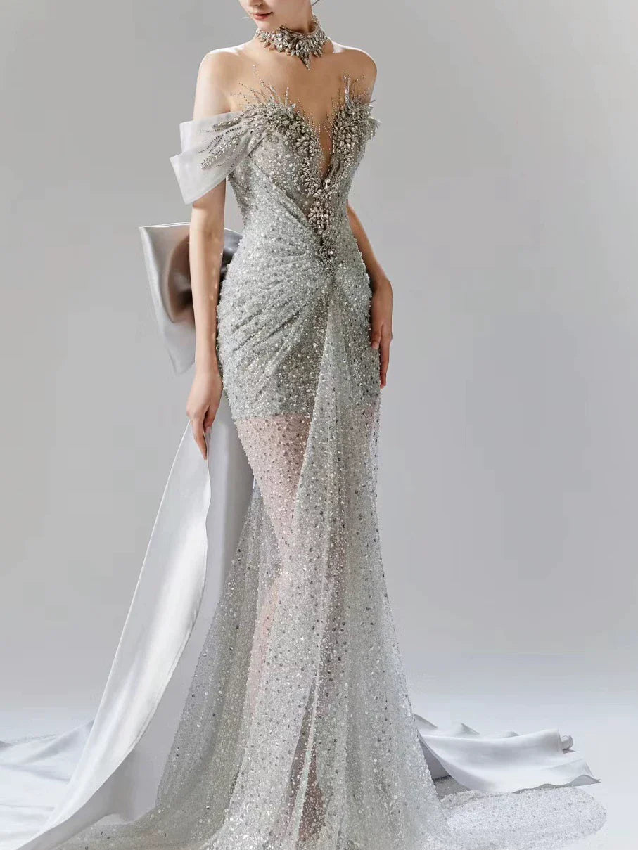 Vintage Silver Gray Mermaid Evening Dress Off The Shoulder Beaded Prom Dress Long Party Dress Birthday Outfits AB2314
