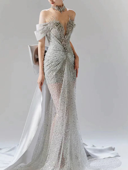 Vintage Silver Gray Mermaid Evening Dress Off The Shoulder Beaded Prom Dress Long Party Dress Birthday Outfits AB2314
