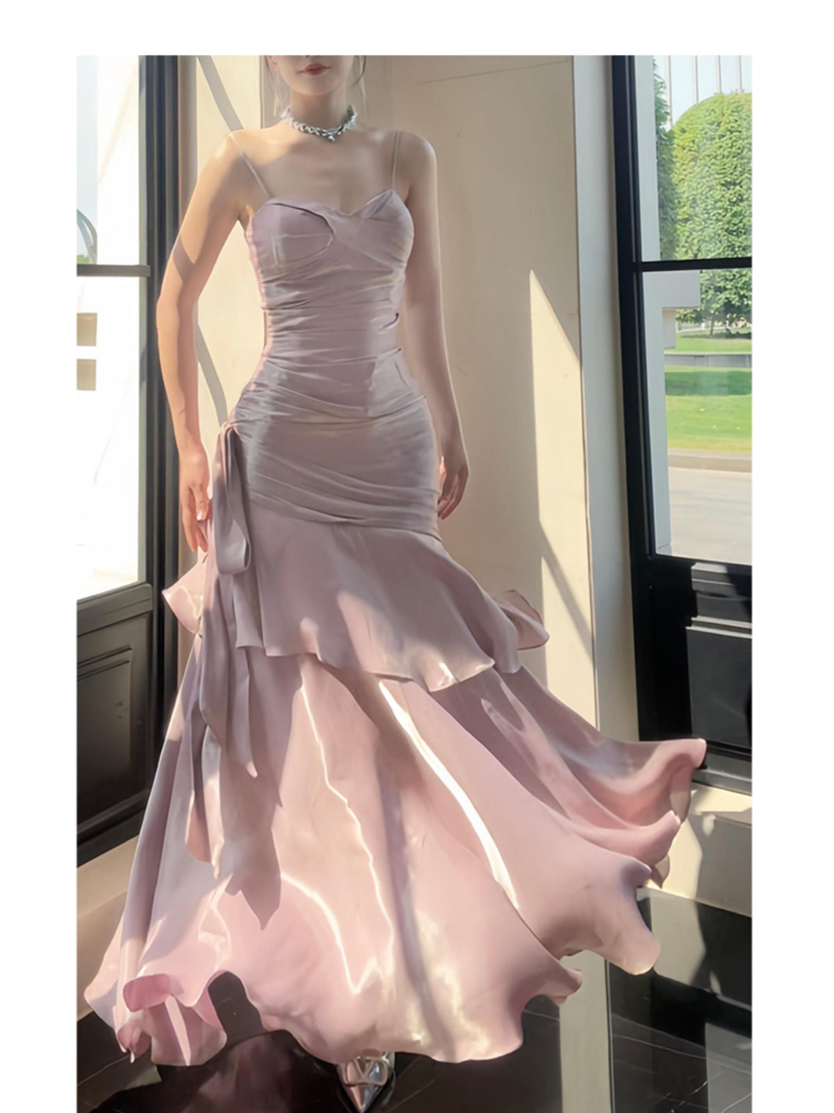 Modest Mermaid Spaghetti Straps Silver Ruffles Long Prom Dresses High School Teens Graduation Dance Dress 20th Birthday Outfits AB2506