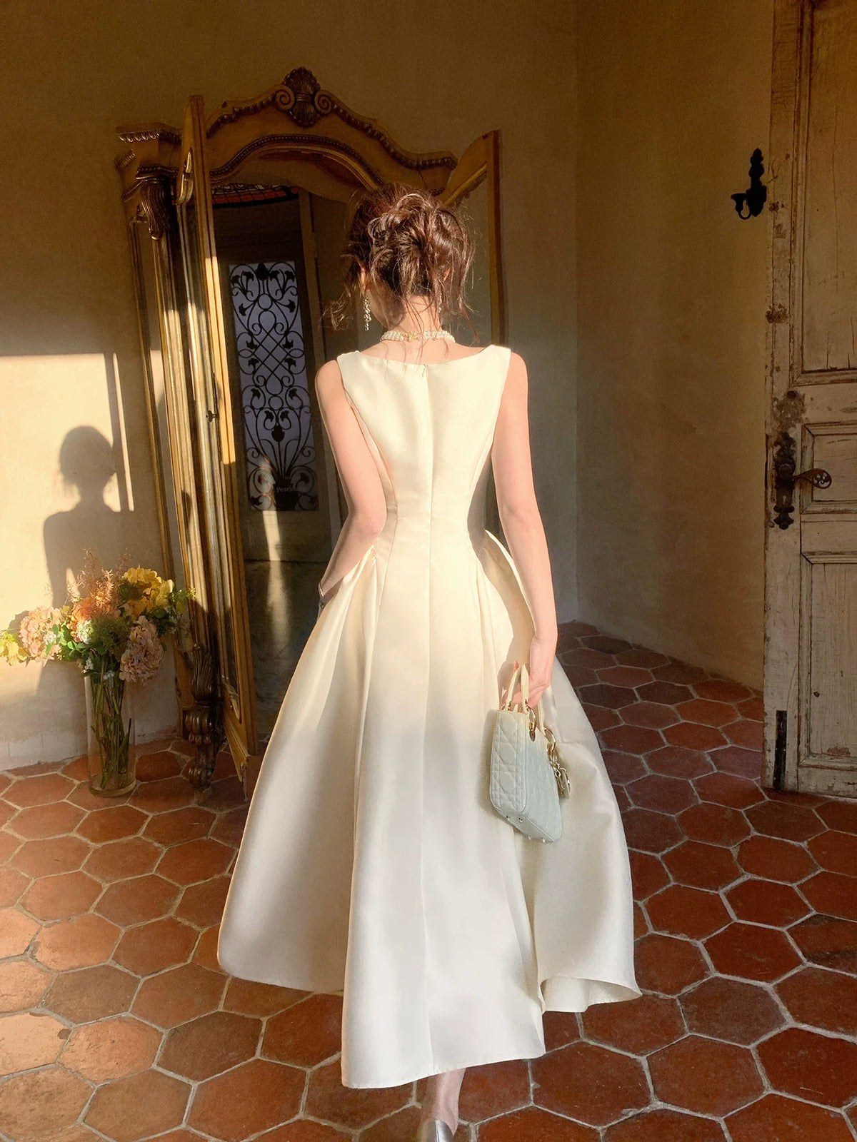 Modest A Line Square Neck Satin Prom Dresses Wedding Guest Dress 20th Birthday Outfits AB2453