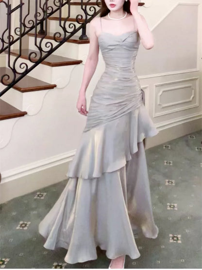 Modest Mermaid Spaghetti Straps Silver Ruffles Long Prom Dresses High School Teens Graduation Dance Dress 20th Birthday Outfits AB2506