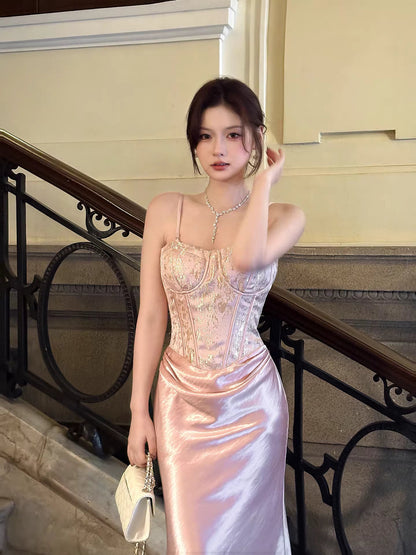 Modest Mermaid Spaghetti Straps Pink Ruffles Long Prom Dresses Wedding Guest Dress 20th Birthday Outfits AB2489