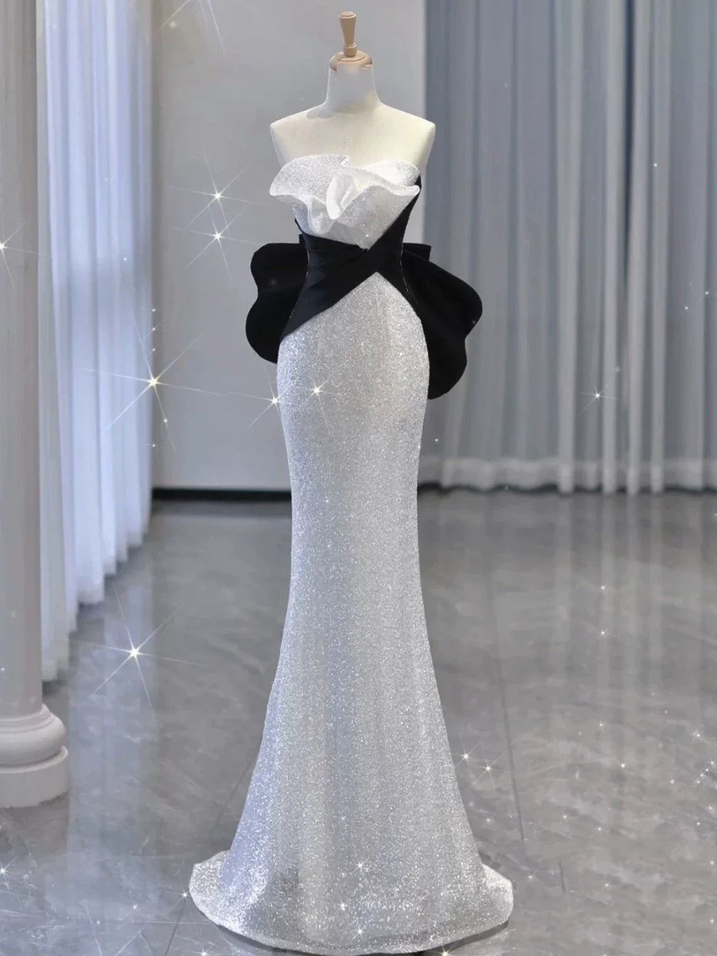 Elegant Mermaid Strapless White Sequins Prom Dresses Inspiration Long Party Evening Dress 19th Birthday Outfits AB2306