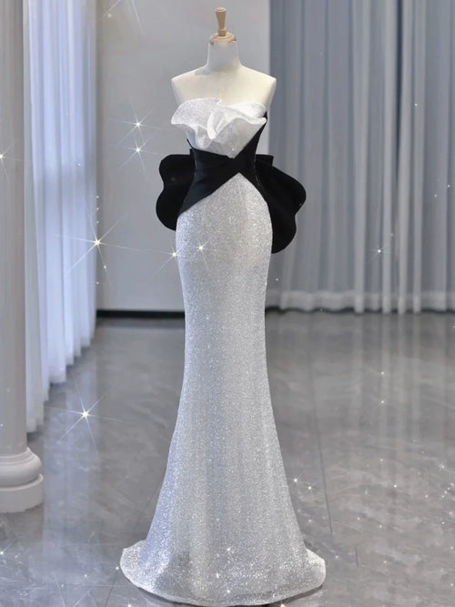 Elegant Mermaid Strapless White Sequins Prom Dresses Inspiration Long Party Evening Dress 19th Birthday Outfits AB2306