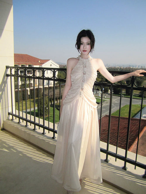 Elegant Mermaid Halter Pink Chiffon With Pleated Sleeveless Long Prom Dresses 16th Nigh Party Birthday Outfits AB2438