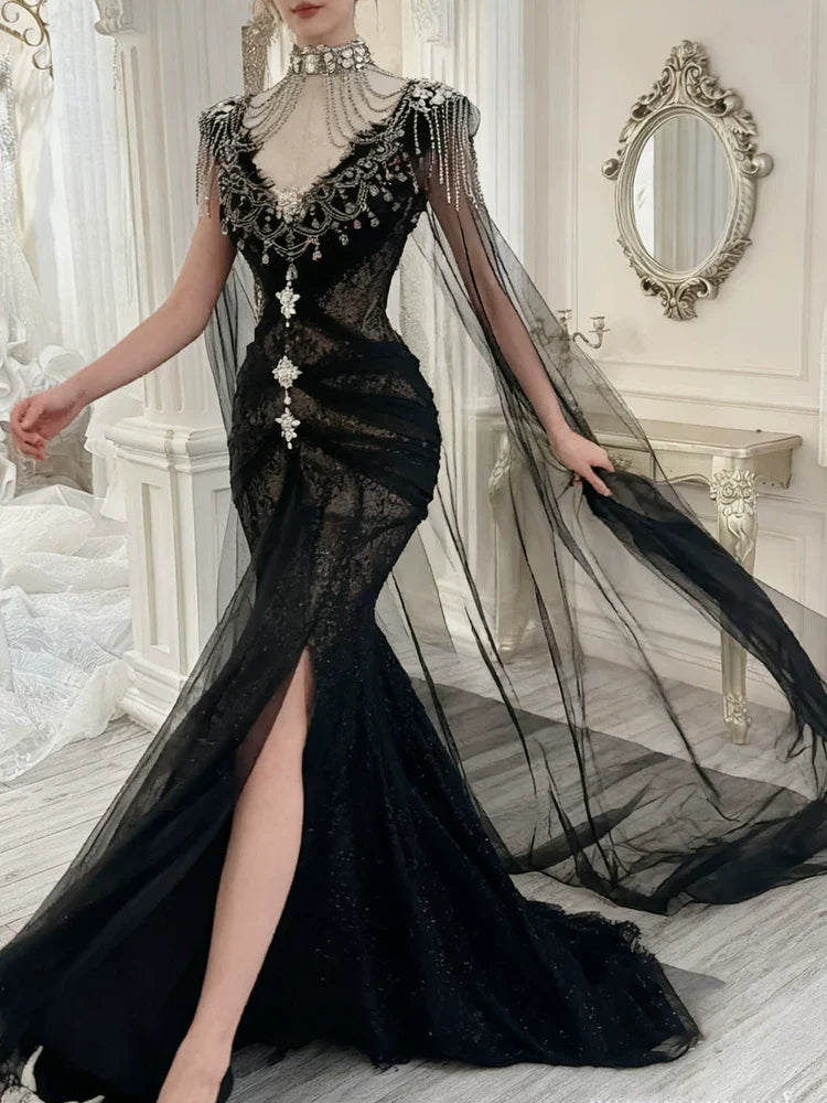 Modest Prom Dresses Aesthetic Mermaid V Neck Black Tulle Inspiration With Long Sleeves Cape Long Party Formal Gown AB2337
