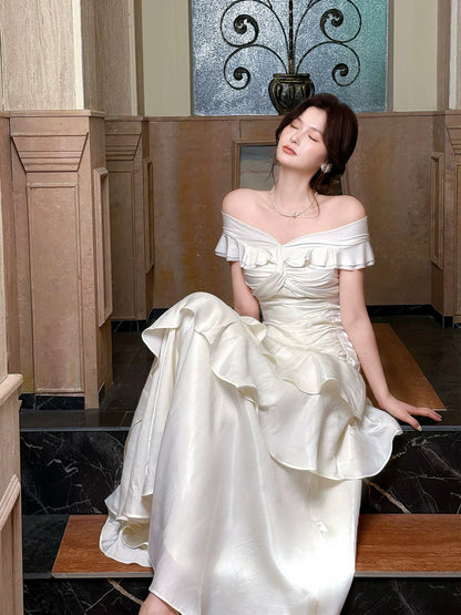 Elegant Mermaid Off The Shoulder White Long Prom Dresses 16th Nigh Party Birthday Outfits AB2504
