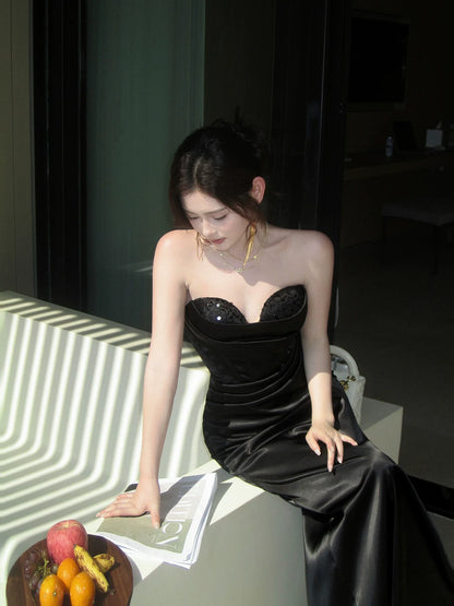 Elegant Mermaid Sweetheart Black Satin Sleeveless Long Prom Dresses 18th Birthday Outfits AB2417