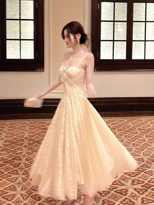Sexy A line Spaghetti Straps Apricot Lace Prom Dresses Wedding Guest Dress 20th Birthday Outfits AB2469