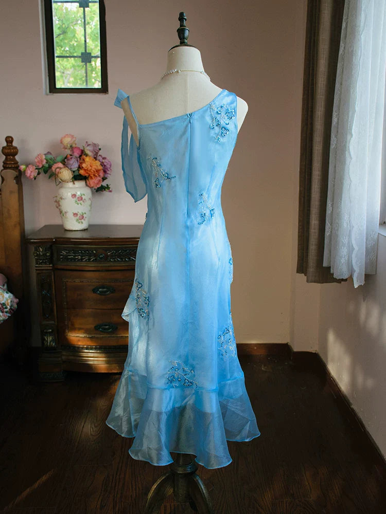 Vintage 1980s Mermaid Blue Knee Length Prom Dresses With Beads Inspiration Party Night Evening Dress 18th Birthday Outfits AB2373
