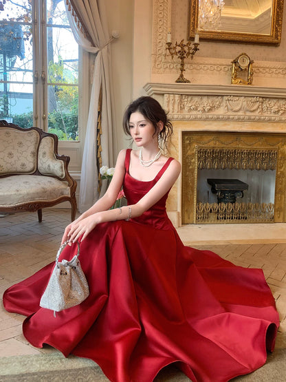 Elegant A Line Square Neck Satin Red Ankle Length Prom Dresses 17th Nigh Party Birthday Outfits AB2443