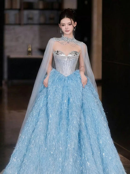Sparkly Ball Gowns 2026 Strapless Blue With Beaded Cape Prom Dresses Inspiration Long Party Night Evening Gowns 19th Birthday Outfits AB2266