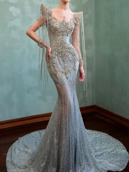 Sparkly Mermaid Sweetheart Sequins With Beads Long Sleeves Prom Dresses Inspiration Long Party Night Gowns 20th Birthday Outfits AB2303