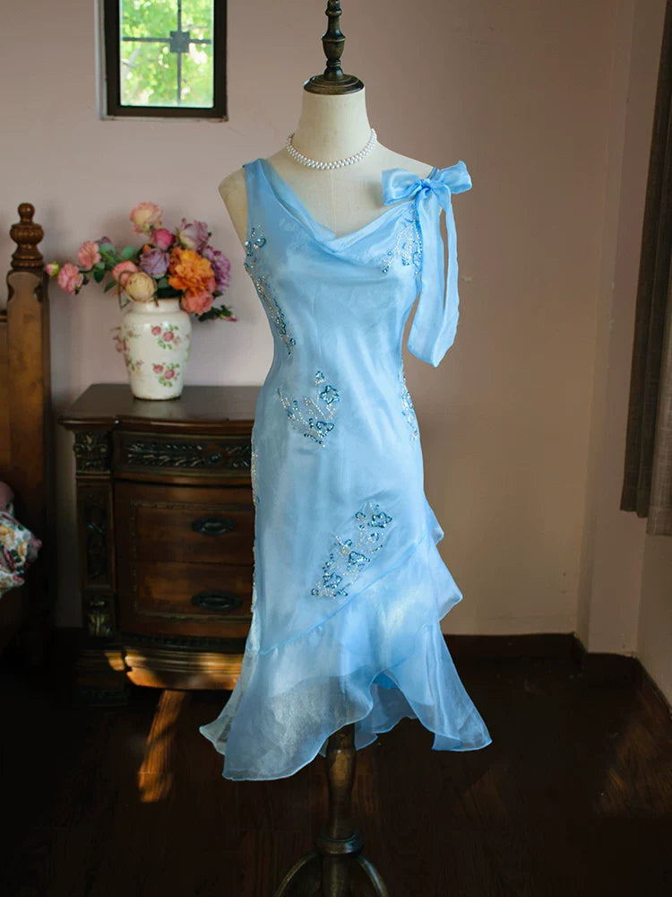 Vintage 1980s Mermaid Blue Knee Length Prom Dresses With Beads Inspiration Party Night Evening Dress 18th Birthday Outfits AB2373
