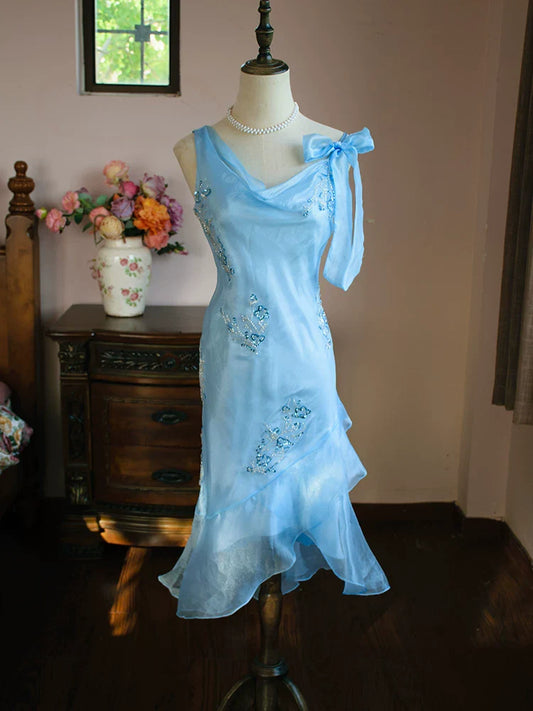 Vintage 1980s Mermaid Blue Knee Length Prom Dresses With Beads Inspiration Party Night Evening Dress 18th Birthday Outfits AB2373
