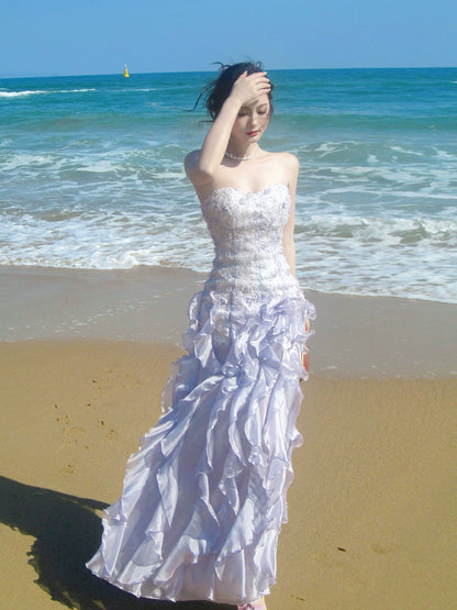 Elegant Sheath Lilac Strapless Tiered Layered Chiffon Sleeveless Long Prom Dresses 18th Birthday Outfits AB2410