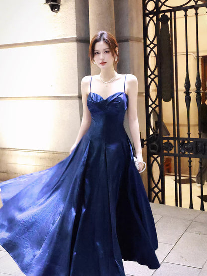 Sexy A line Spaghetti Straps Royal Blue Satin Long Prom Dresses Wedding Guest Dress 20th Birthday Outfits AB2482