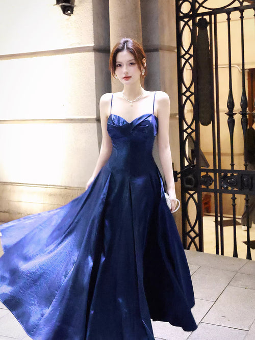 Sexy A line Spaghetti Straps Royal Blue Satin Long Prom Dresses Wedding Guest Dress 20th Birthday Outfits AB2482