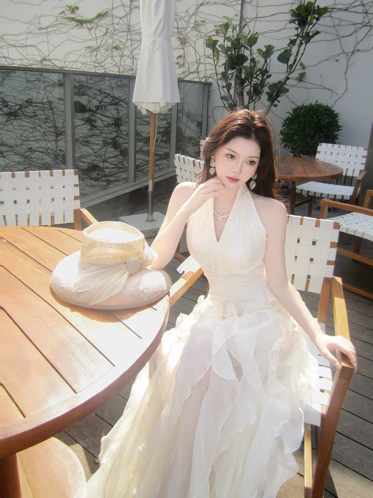 Modest A line Halter White Layered Chiffon Floor Length Prom Dresses 18th Nigh Party Birthday Outfits AB2419