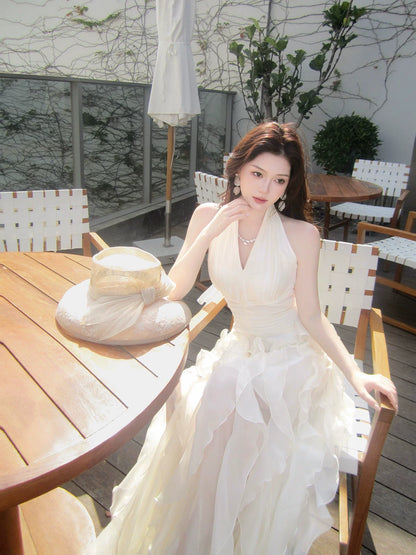 Modest A line Halter White Layered Chiffon Floor Length Prom Dresses 18th Nigh Party Birthday Outfits AB2419