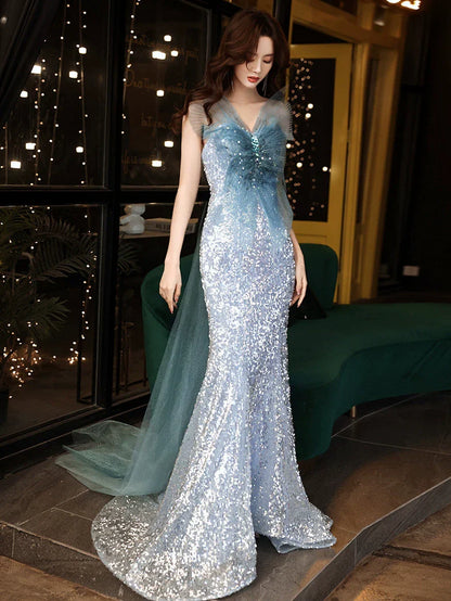 Modest Mermaid Strapless Blue Sequins Prom Dresses Inspiration Long Party Night Evening Dress 20th Birthday Outfits AB2329