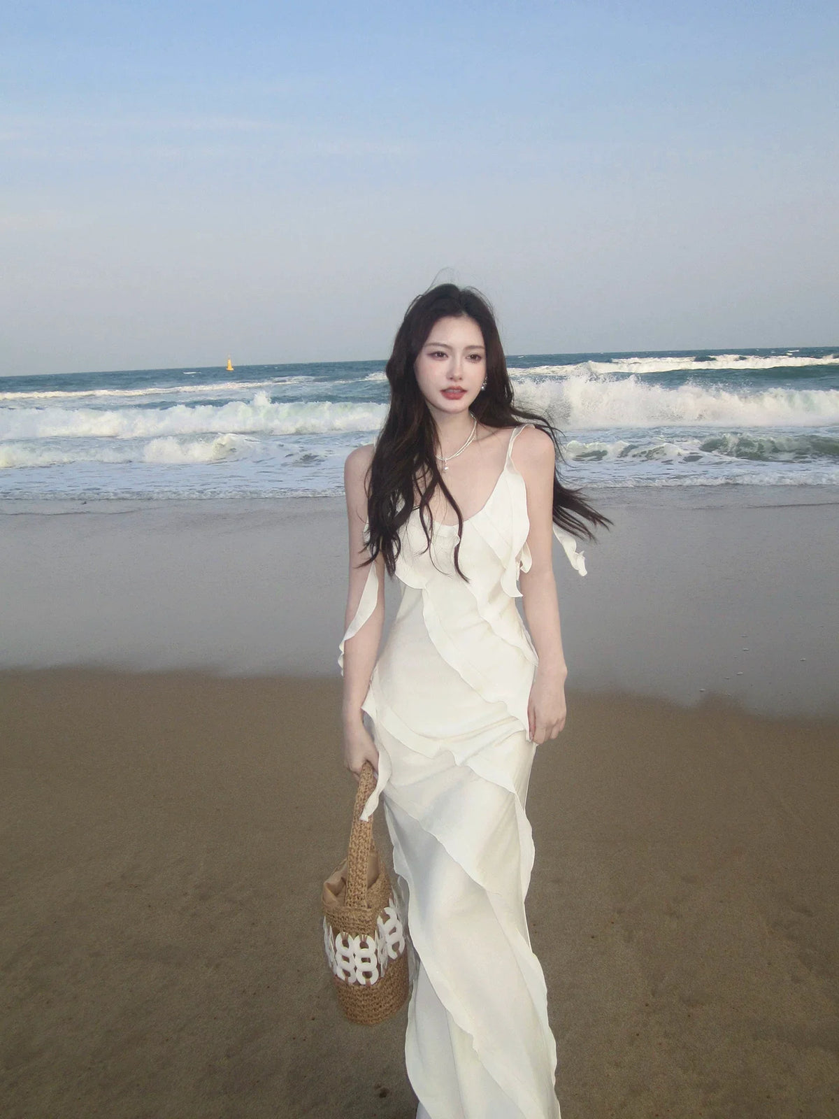 Sexy Mermaid Spaghetti Straps White Chiffon Prom Dresses Wedding Guest Dress 20th Birthday Outfits AB2477