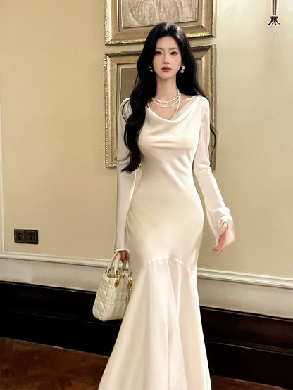 Chic Mermaid Cowl Neck White Satin Ankle Length Long Sleeves Prom Dresses Wedding Guest Dress 20th Birthday Outfits AB2478