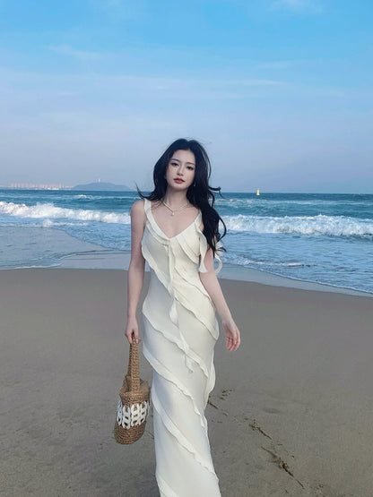 Sexy Mermaid Spaghetti Straps White Chiffon Prom Dresses Wedding Guest Dress 20th Birthday Outfits AB2477